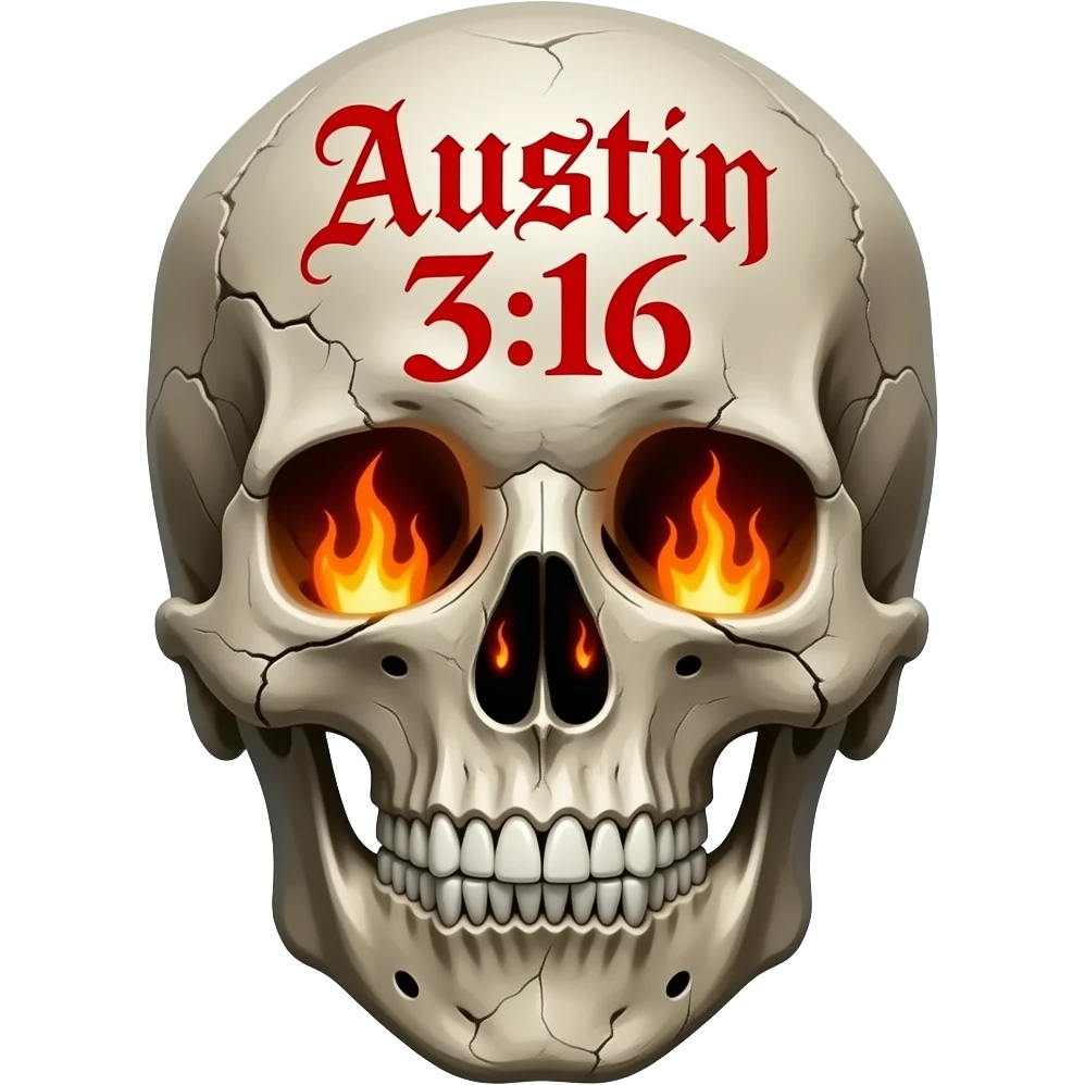 human skull with jaw, no teeth broken, the words Austin 3:16 in black ink, eye socket, and nose cavity need flames, words carved into its forehead in a Gothic font, show cracks, weathering, pieces missing, true flames come out of sockets, all fonts need to be bright red and stacked emoji