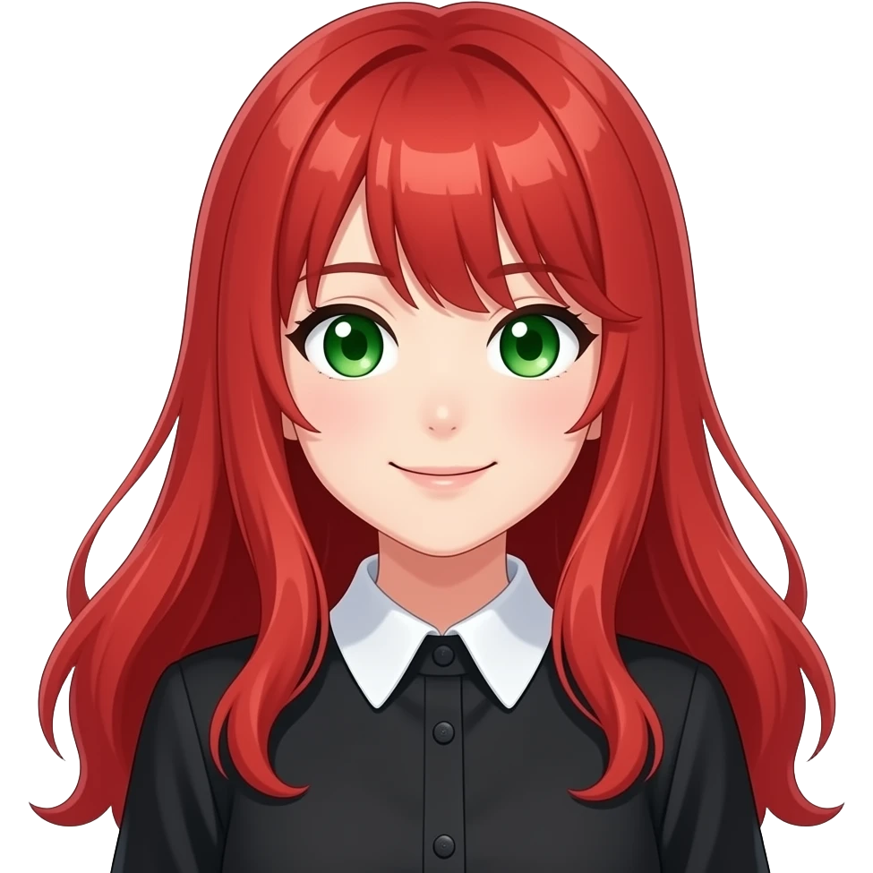 anime girl, smirk,  red hair, green eyes, black blouse with white collar emoji