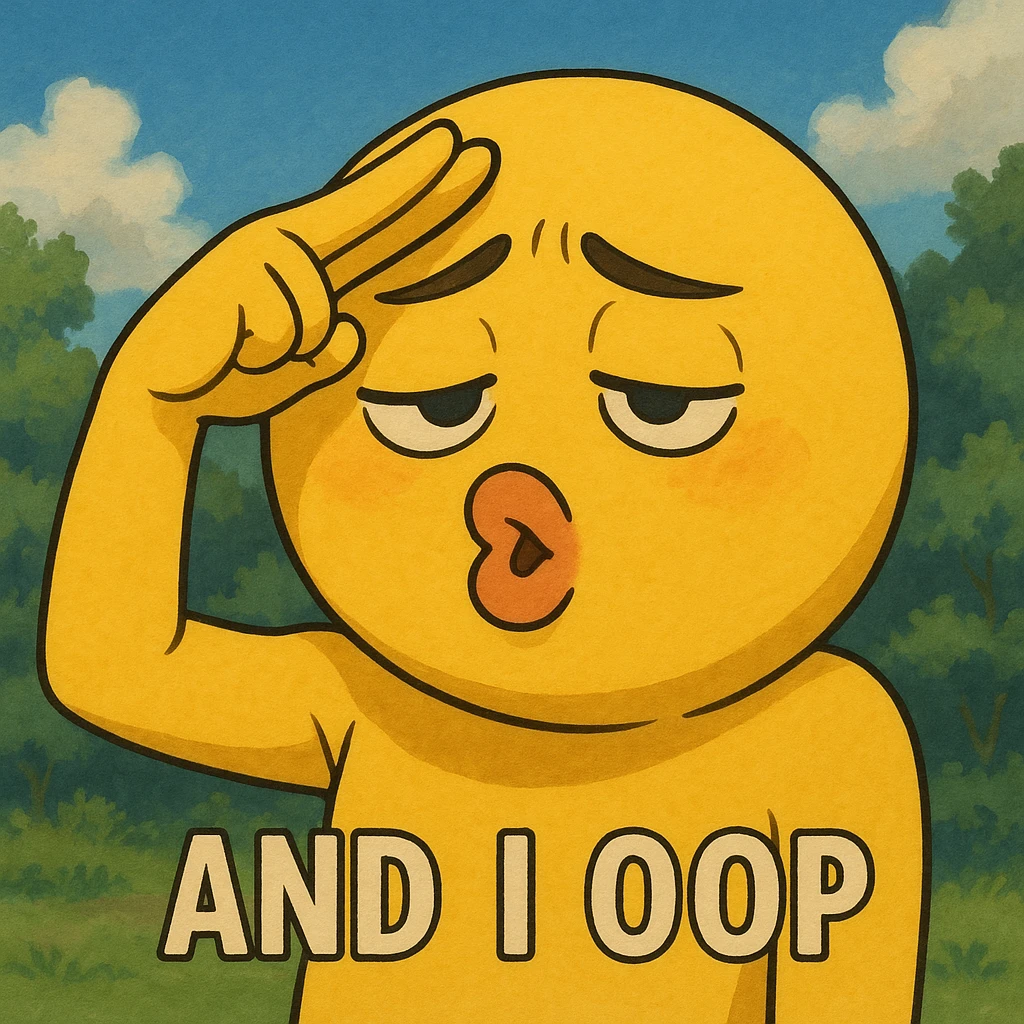 and I oop, slay energy, emoji with fingers to forehead like salute, "and i oop" meme, puckering lips, looking down, lowkey embarassed but still cool emoji