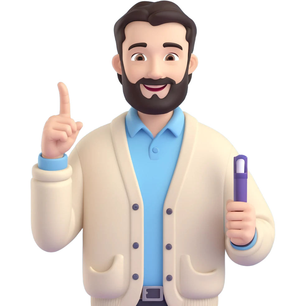 Professional 3D cartoon male character, dark hair, full beard, thick eyebrows, smiling confidently, wearing cream cardigan and pale blue shirt, one hand holding whiteboard, other hand pointing sideways, approachable presenter, neutral indoor background emoji