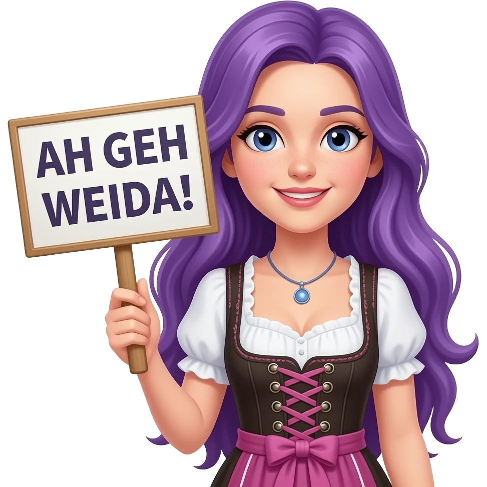 girl with long purple hair wearing a dirndl holding a AH GEH WEIDA! sign emoji