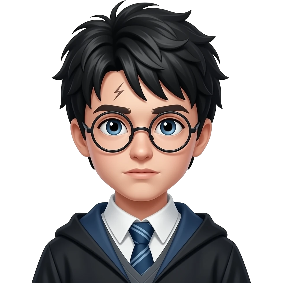teenage wizard boy, 15-16 years old, messy uneven black hair, round glasses, thin lightning-shaped scar on forehead, serious focused expression, wearing dark school robe and tie, head-and-shoulders portrait, centered, 3D glossy emoji style, clean background emoji