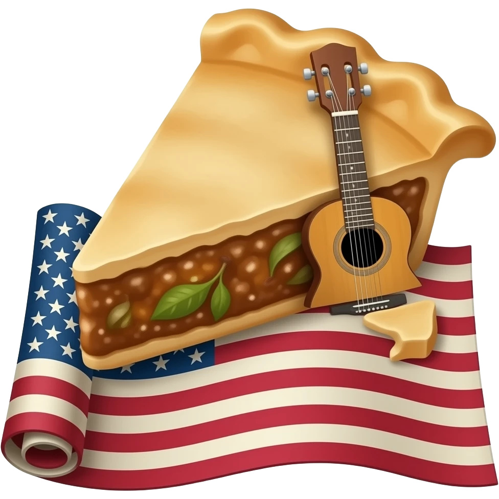 An old guitar peeks out from a piece of apple pie that is placed on a rolled-up old American flag. emoji