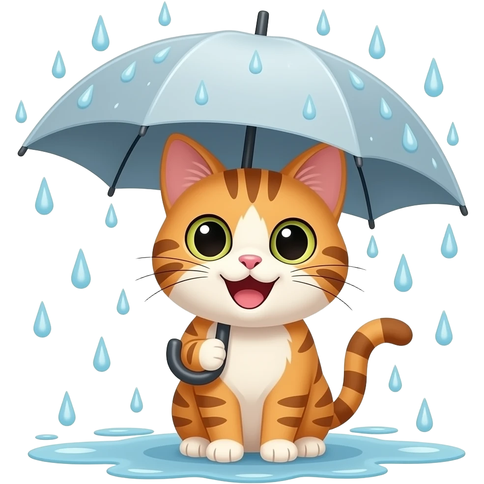 a happy cat under an umbrella in the rain emoji