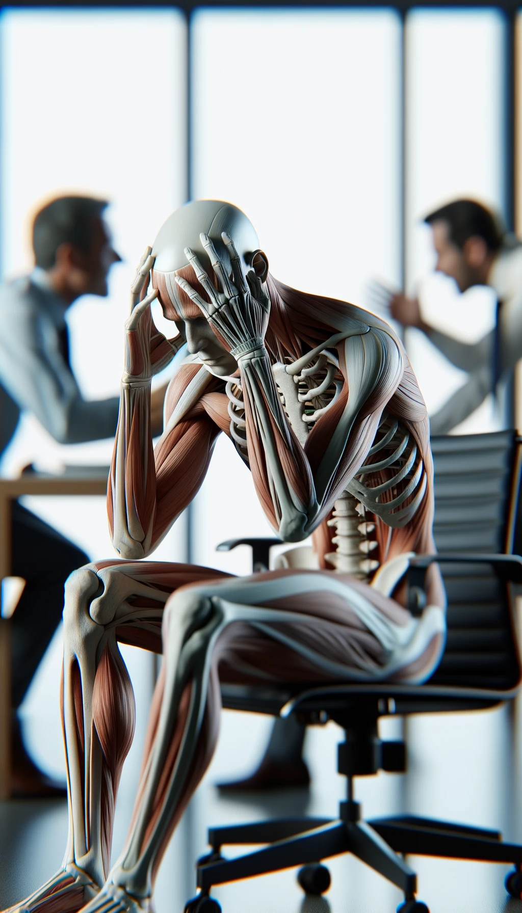 CORPO UMANO ANATOMICO SEDUTO IN UFFICIO CON PERSONE SFOCATE SULLO SFONDO CHE GLI PARLANO E LO ASSILLANO, LUI SI TIENE LE MANI SULLA TESTA ED è MOLTO STANCO E STRESSATO, IPERREALISTICO 4K emoji