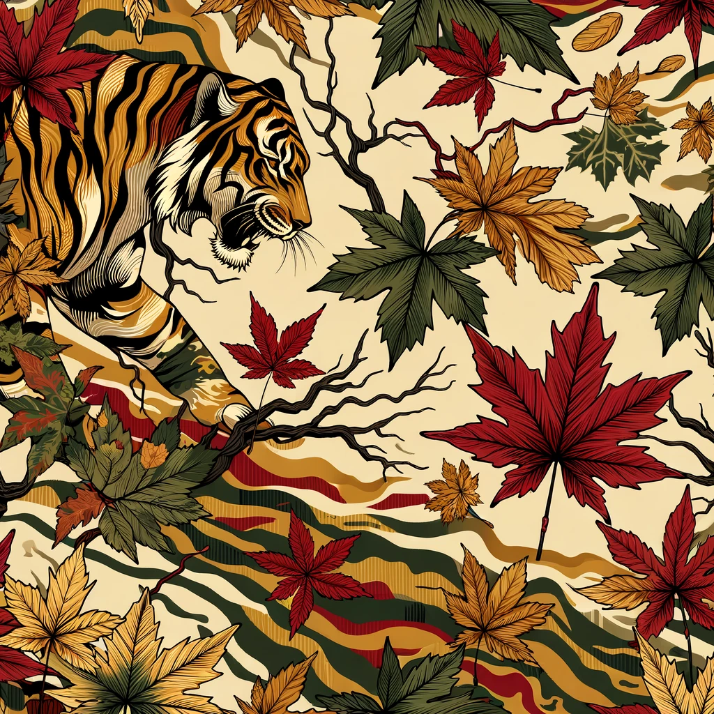 design background, camouflage pattern inspired by autumn forest, tiger stripes blended with maple leaves and branches, earthy colors (olive, rust, deep red, golden yellow), seamless design, modern fashion style emoji