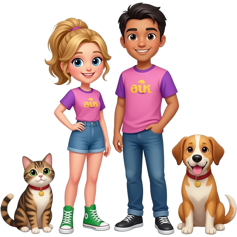 White girl with blonde brunette hair tied up wearing a pink and purple shirt and green converse hi tops with her Asian boyfriend with brown skin colour who is the same height as her, smiling with her cat and dog emoji