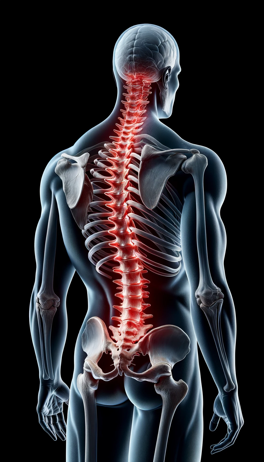 corpo umano anatomico di spalle e fisico storto, spina dorsale in evidenza, dolore alla schiena su un lato, iperrealistico 4k emoji