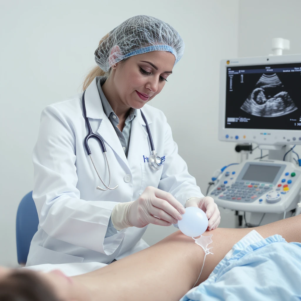 doctor placing a deflated balloon next to a patient's leg, ultrasound monitor in the background showing 3cm subcutaneous fluid, realistic medical setting, vertical format emoji