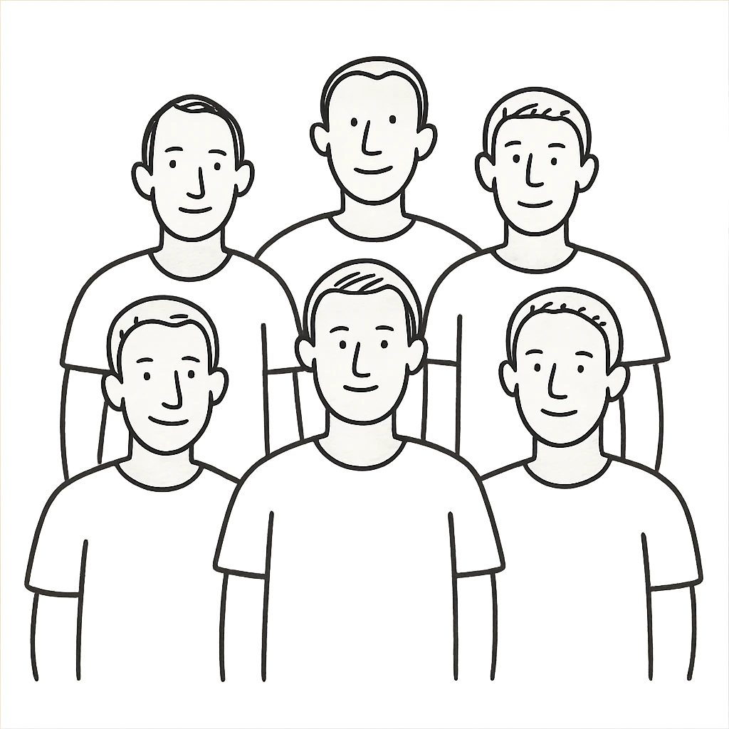 group of 6 men, white skin tone, white shirts, hand-drawn style emoji