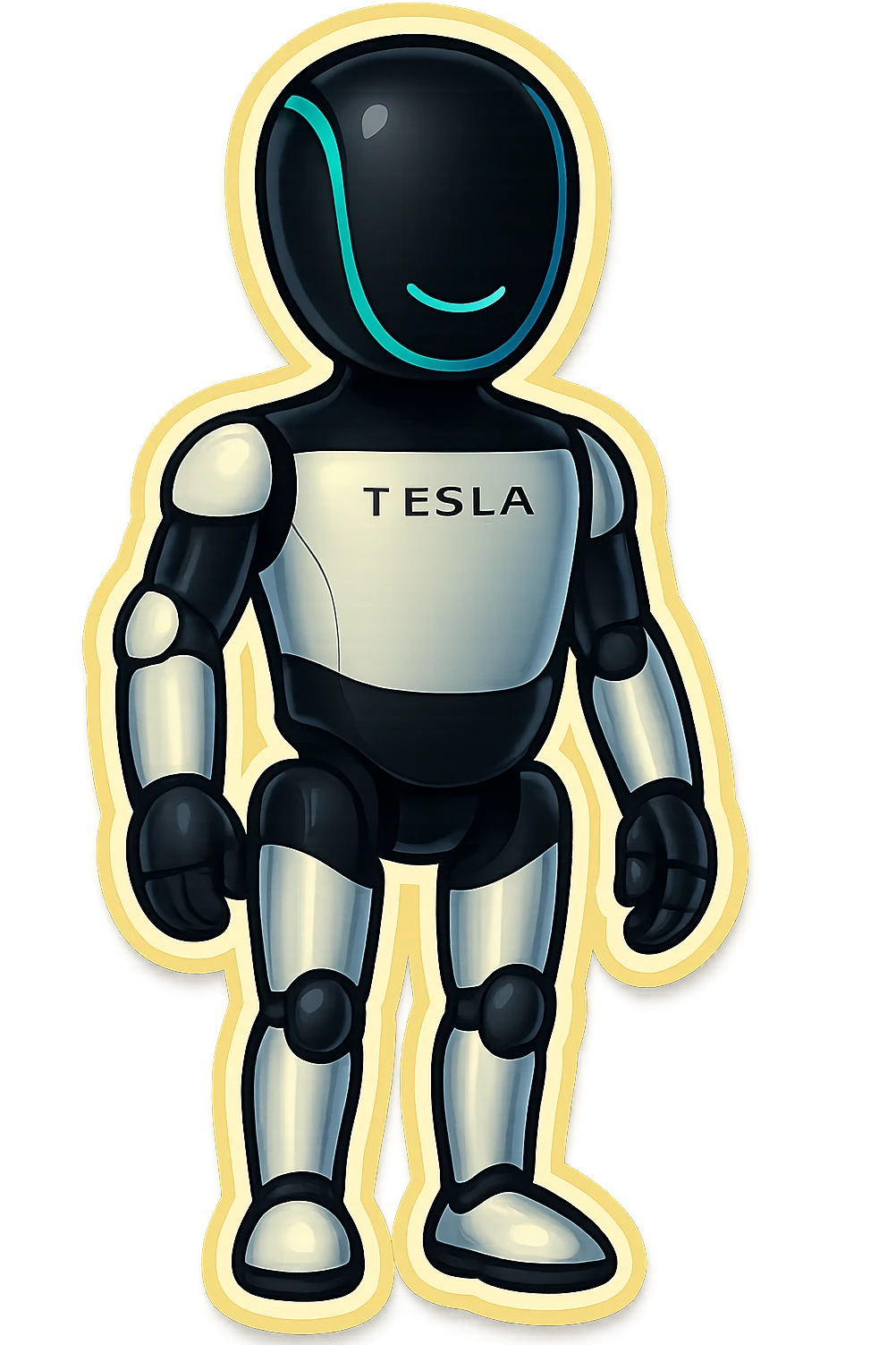 Fullbody Tesla robot emoji in arms down pose with a slight smile, same style as the reference image. emoji