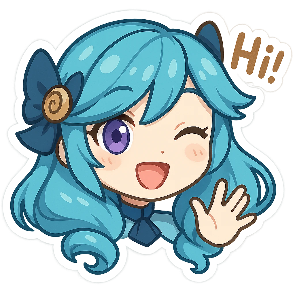 Gwen from League of Legends, chibi emote style, only head visible, right eye purple, playful hi expression, waving hand, eyes open, cute and expressive emoji
