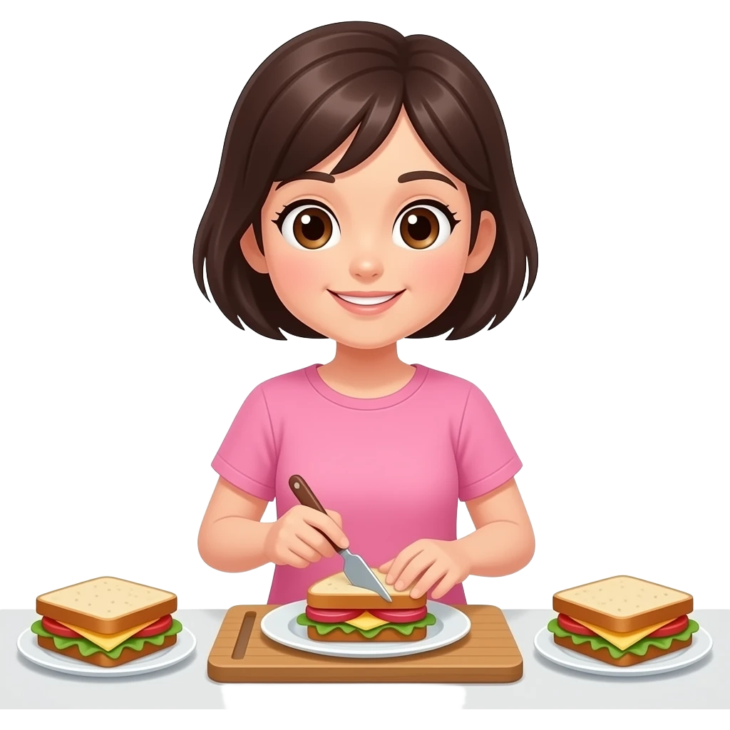 chica de cabello oscuro y corto, con ojos color cafe, con ropa comoda color rosa, preparando la cena un sándwich emoji