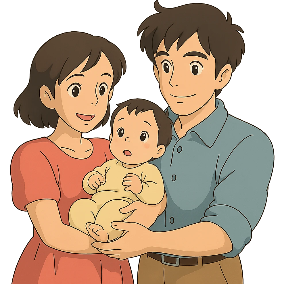 ghibli style family with mom, dad, and baby emoji
