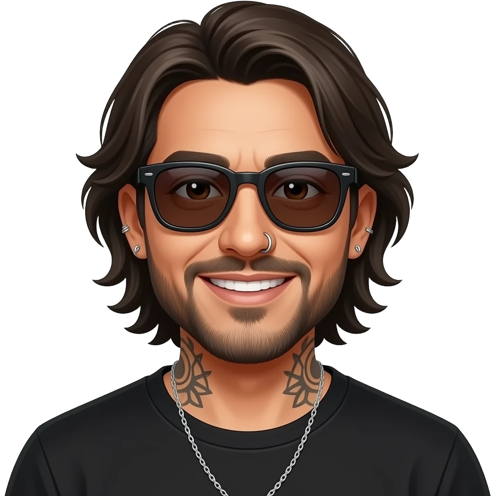 The handsome manly Latino podcast host with medium length hair, a long slightly graying beard and tattoos with his ears pierced 1 time each ear and a nose ring on the right side, dark brown eyes, wearing black, dark sunglasses, and jewelry, happy emoji