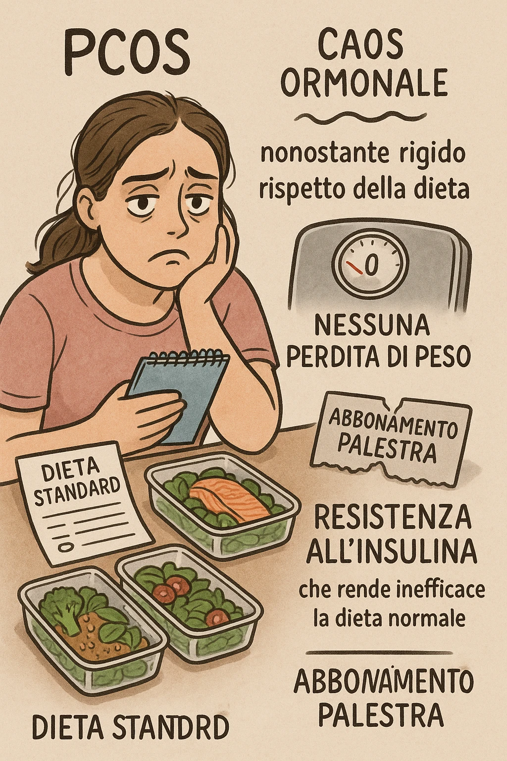 "Desperate woman with PCOS following standard calorie-counting diet, scale showing no weight loss despite strict adherence, expression of confusion and defeat, meal prep containers with healthy foods, insulin resistance making normal dieting ineffective, hormonal chaos overriding caloric deficit principles, gym membership unused due to lack of results scritte in italiano emoji