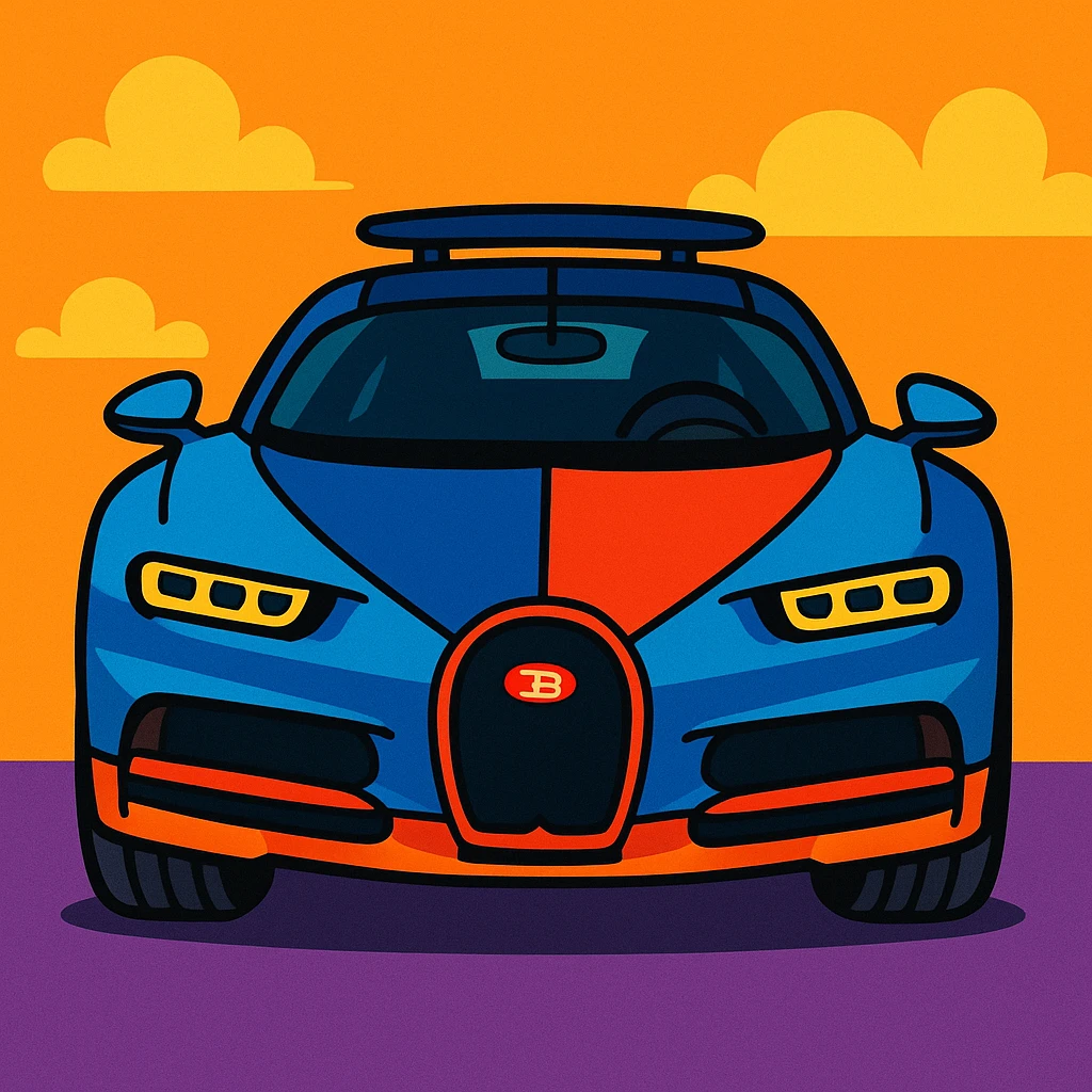Bugatti Chiron, cartoon style, front view, exaggerated features, bright colors emoji
