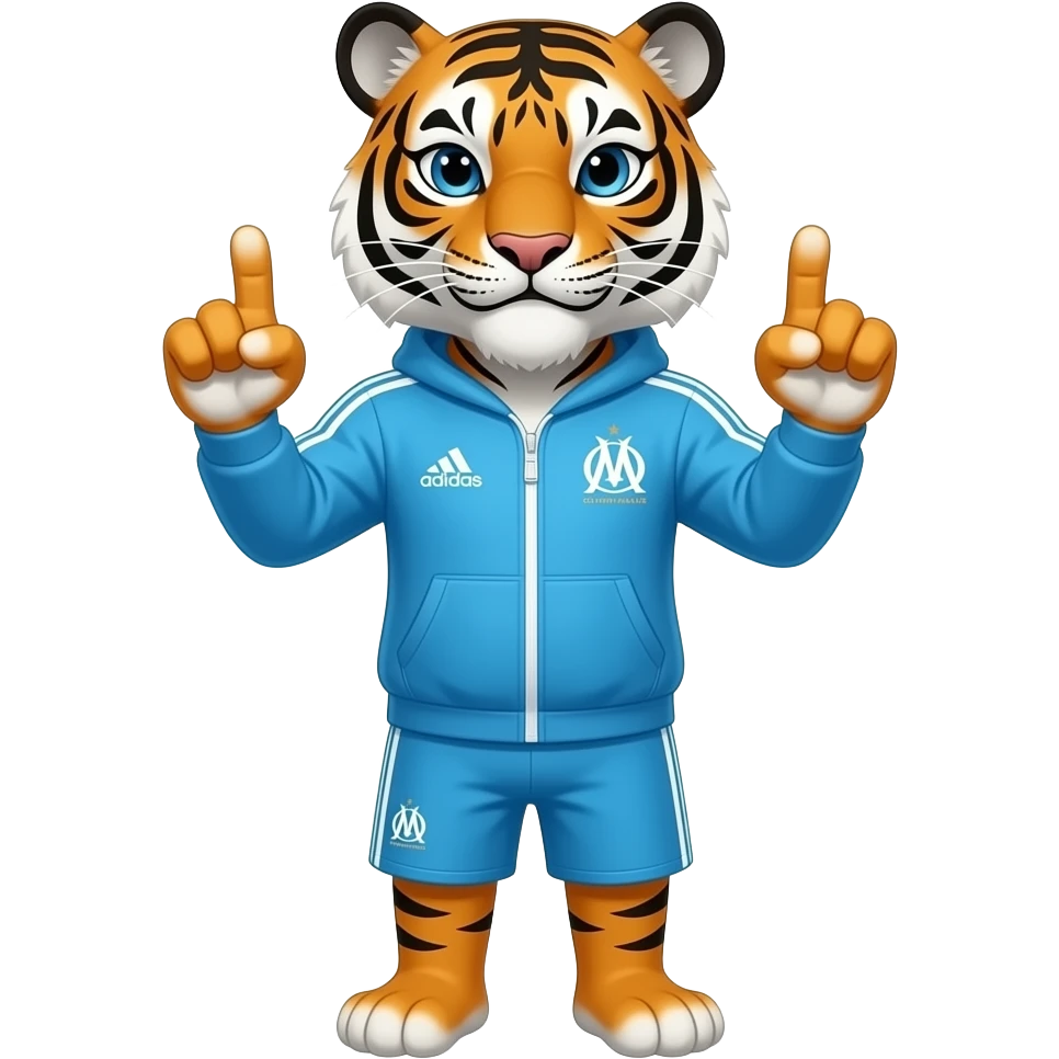 emoji tigre en survetement adidas couleur de l'olympique de marseille, le tigre fait un signe avec ses mains, pouces index et majeur dépliés sur les deux mains, autres doigts fermés, mains en mirroir pour former les lettres J et L emoji