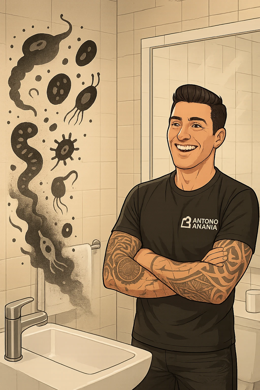 a man stands in a brightly lit bathroom, looking relieved and revitalized as he examines his reflection in the mirror. In the foreground, stylized, shadowy images of parasites (such as worms or protozoa) are shown leaving his body, dissolving into mist or fading away. His posture is upright and his expression is one of newfound energy and health. emoji