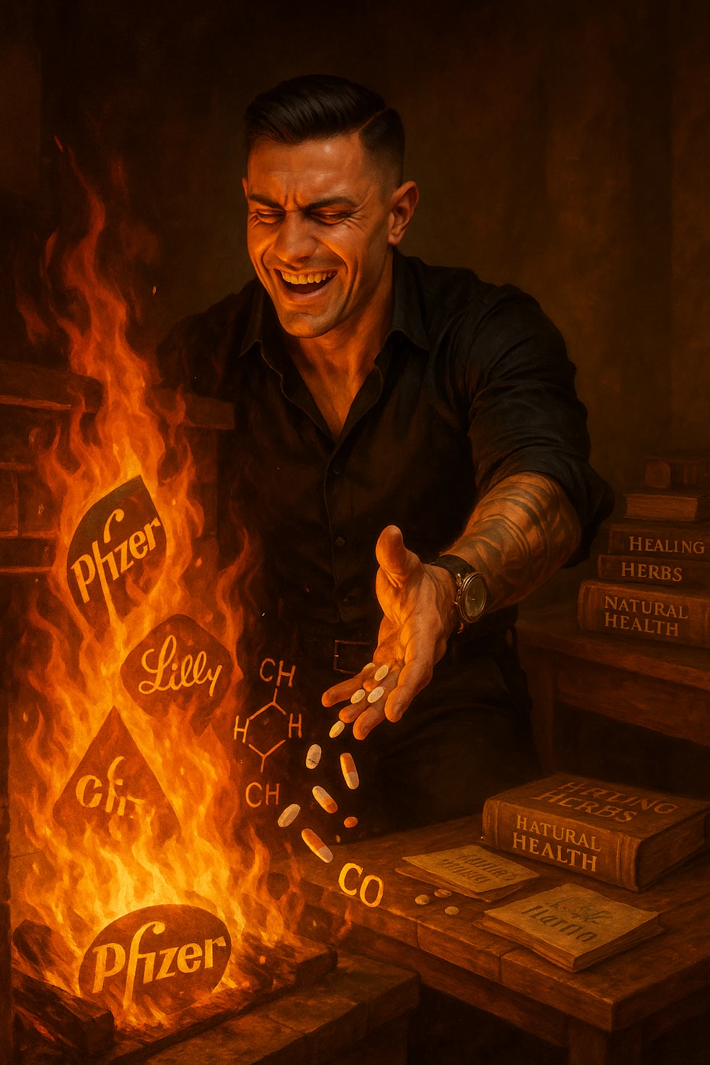 Enlightened man throwing antidepressant pills into fireplace, flames consuming what he sees as chemical poison, expression of liberation from psychiatric medication, Big Pharma logos melting in the fire, natural healing books spread on table behind him, pharmaceutical slavery being broken through pill destruction, mental clarity returning as drugs burn emoji