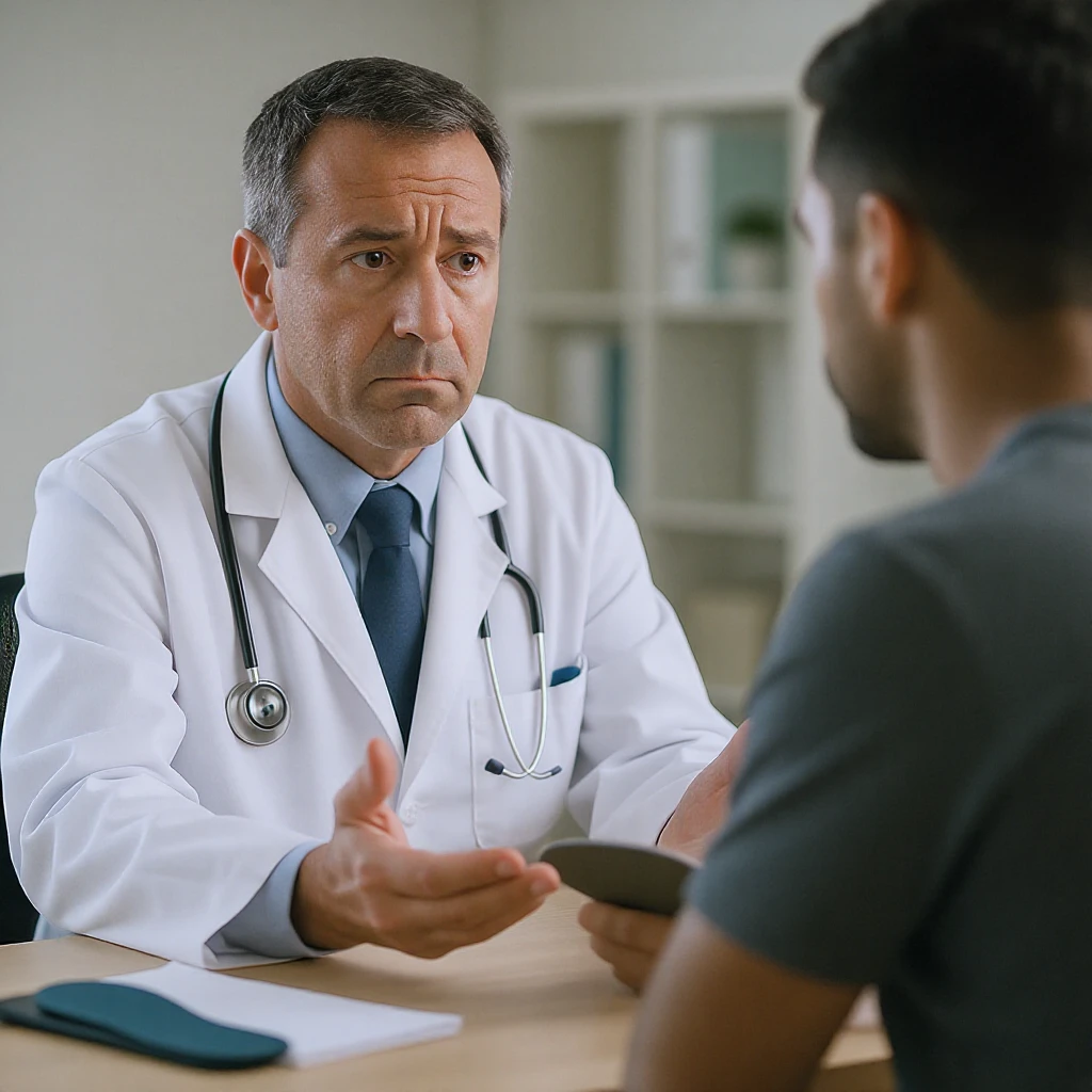 professional illustration of a doctor advising a client with posture problems about insoles, doctor has a doubtful or uncertain expression, 2:3 aspect ratio emoji