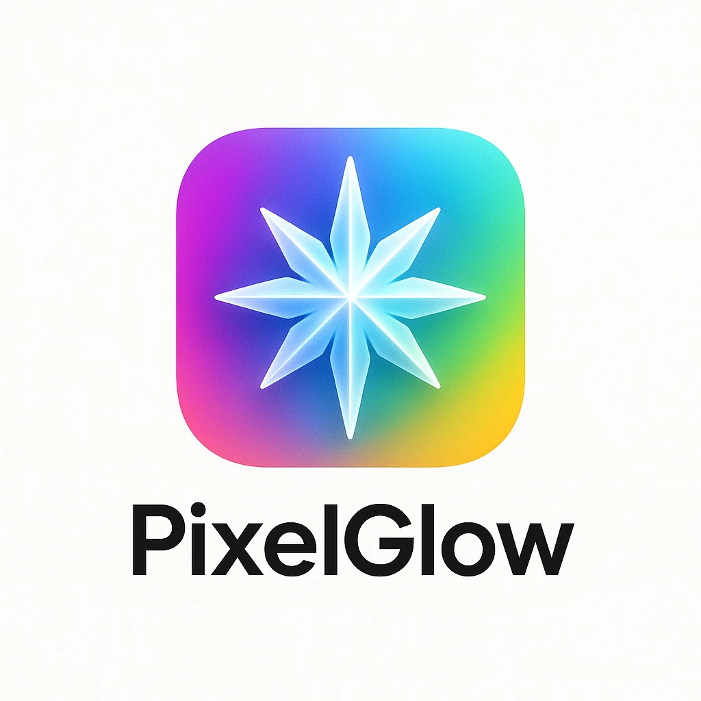 Minimal, modern logo for PixelGlow: rounded square, vibrant multi-color gradient with prism/aurora effect in purple, blue, cyan, green, and orange. Central geometric 8-point starburst, crystal-shard style, with soft glowing edges and a slight shadow. Clean, scalable, tech-savvy, playful, and magical. White background to make icon pop. emoji