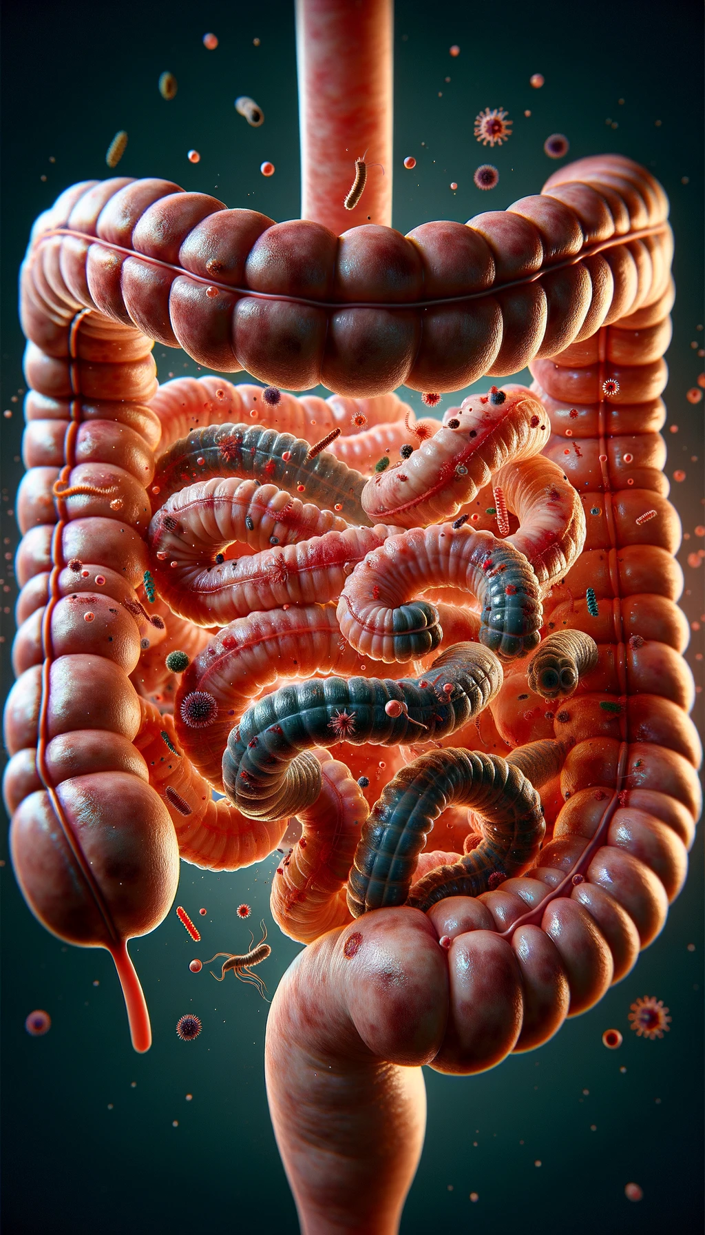 intestino umano realistico con batteri e parassiti che gli fluttuano intorno, iperrealistico 4k emoji