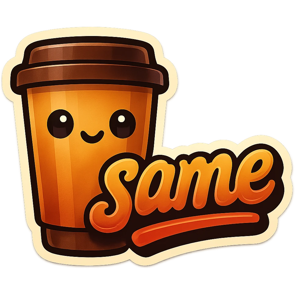 Tall coffee cup, no mouth, giant sign "same" emoji