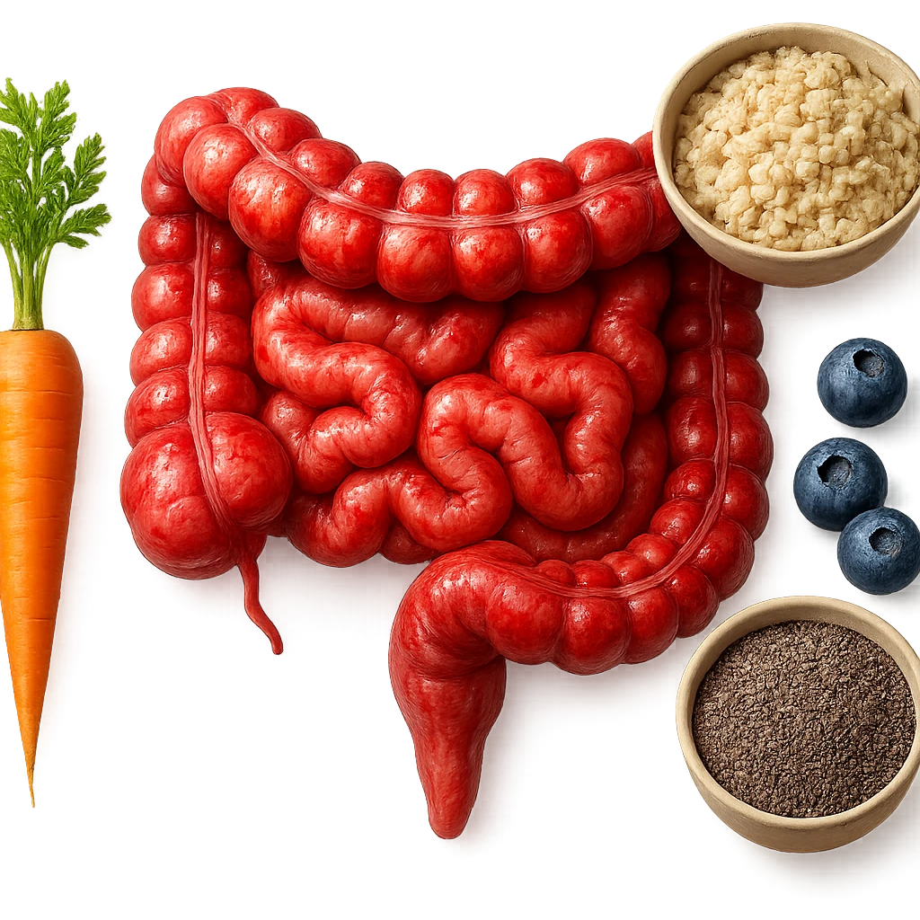 intestino umano anatomico infiammato al centro con carota, bowl di avena, mirtilli, bowl di semi di chia che gli fluttuano intorno , iperrealistico 4k emoji