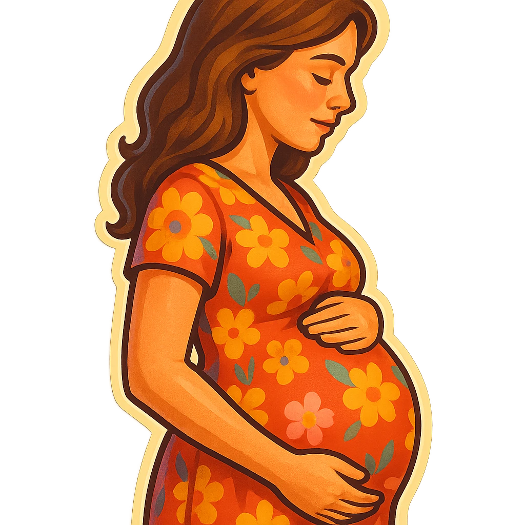 pregnant woman half-length portrait, in floral print dress, standing sideways, holding belly, face and head fully in frame, retro stickers style, soft rounded shapes, expressive contours, vintage color palette, light paper texture, shadows and highlights, transparent background emoji