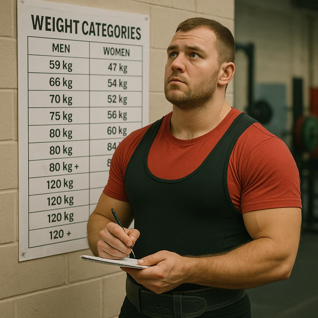 European powerlifter in competition clothing, standing in front of a weight category chart hanging on the wall, reflective expression, holding a pen and notepad, competition atmosphere, realistic details, gym or weight room background emoji