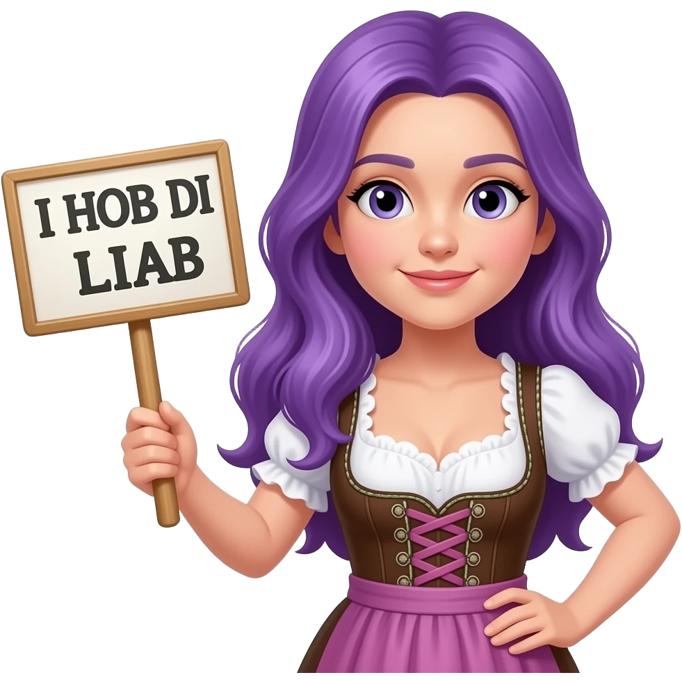 girl with long purple hair wearing a dirndl holding a I HOB DI LIAB sign emoji