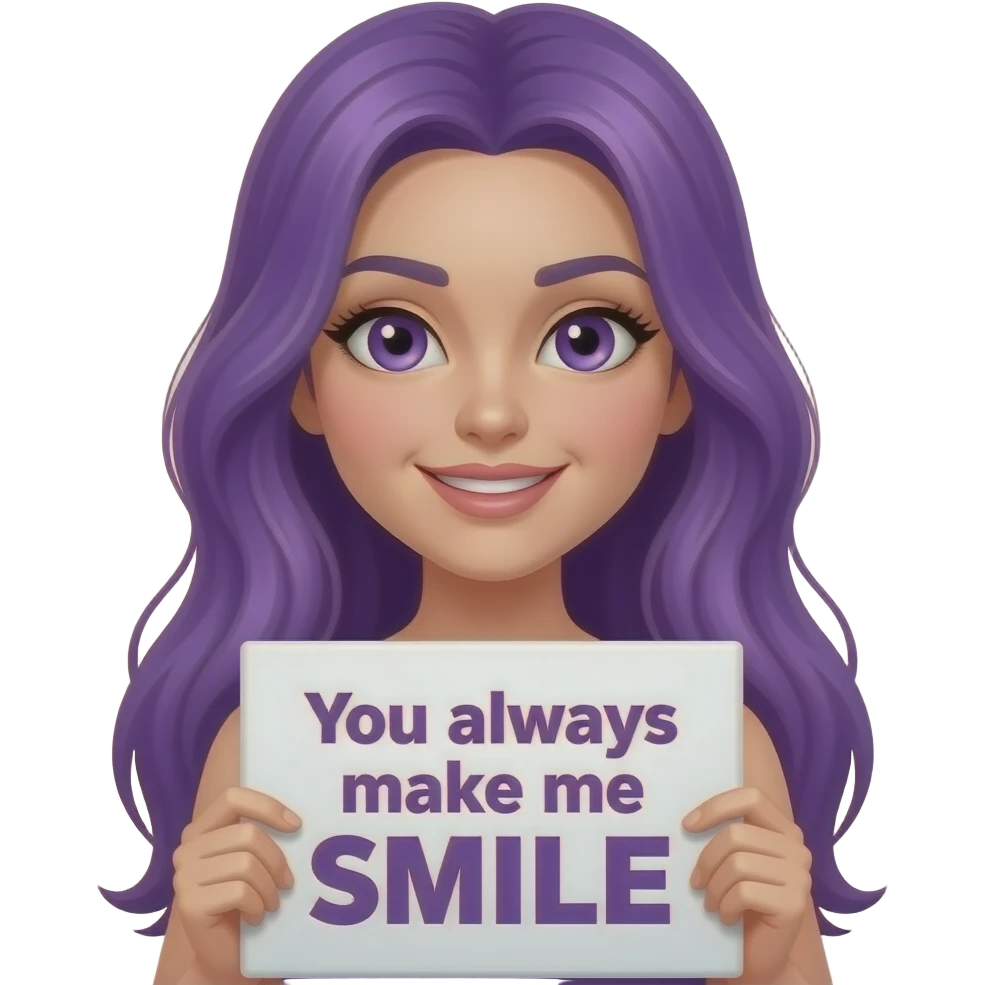 sexy girl with long purple hair and purple eyes holding a You always make me SMILE sign emoji