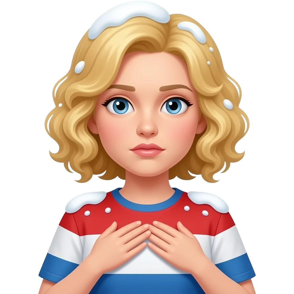 blonde curly bob cold face with hands sheltering body and snow around in red, white and blue shirt emoji