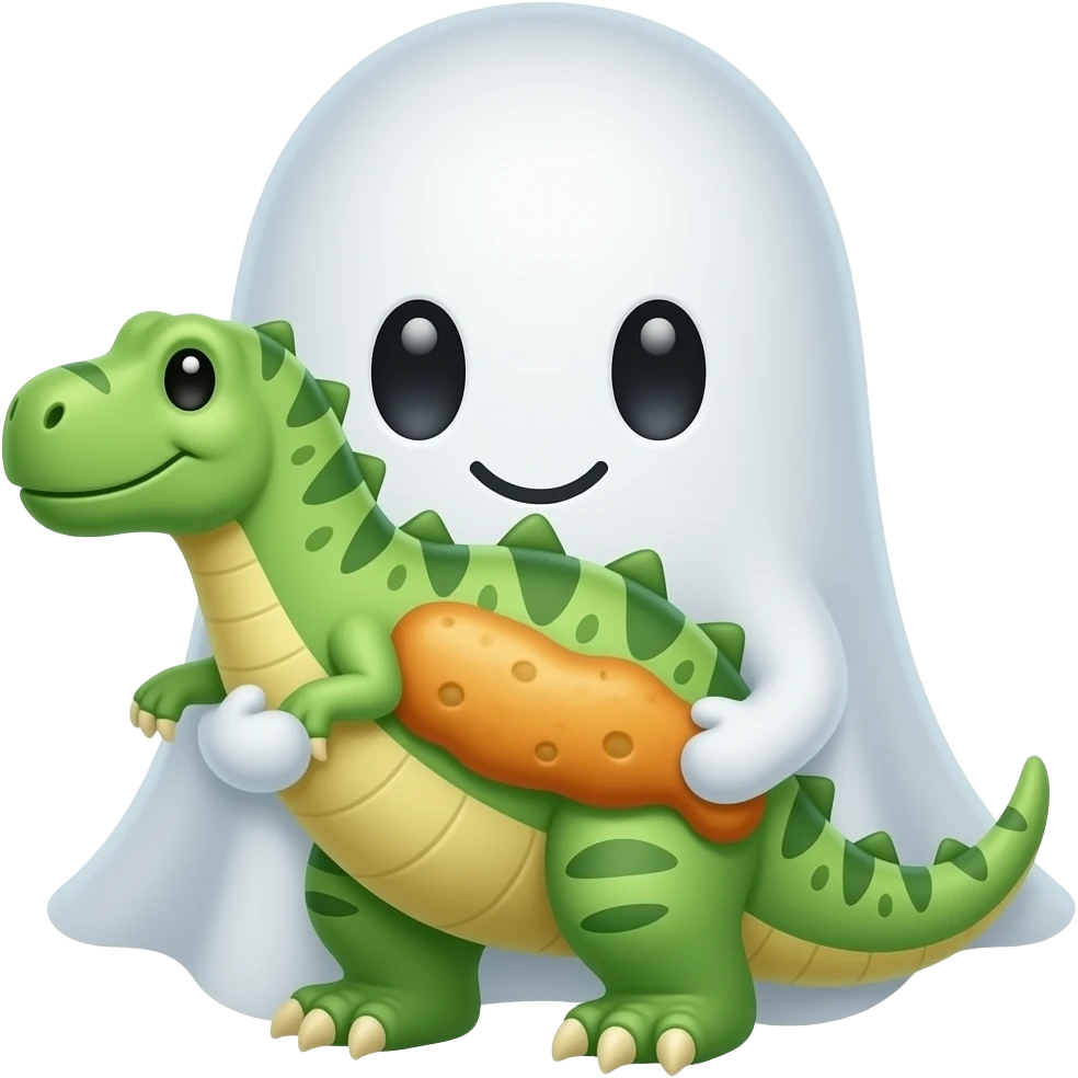 A cute ghost holding a chicken nugget shaped like a dinosaur emoji