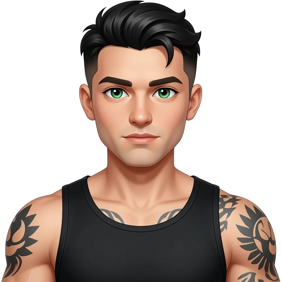 jeune gars mystérieux dark, cheveux noir de jais low taper fade, yeux verts, musclé, tatoué, fossette, peau blanche  très très très pâle emoji