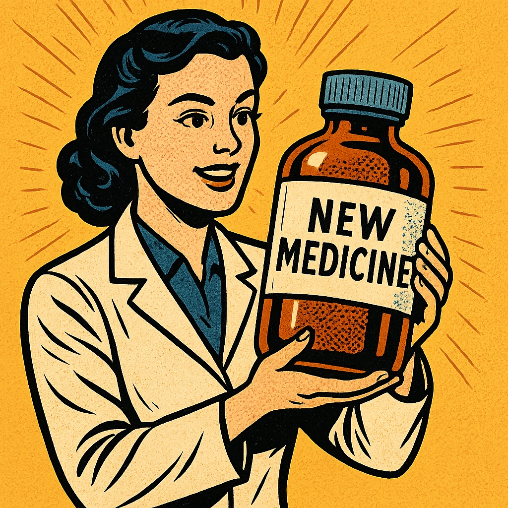 A modern day female scientist holding a large medicine bottle which is labelled 'New Medicine' emoji