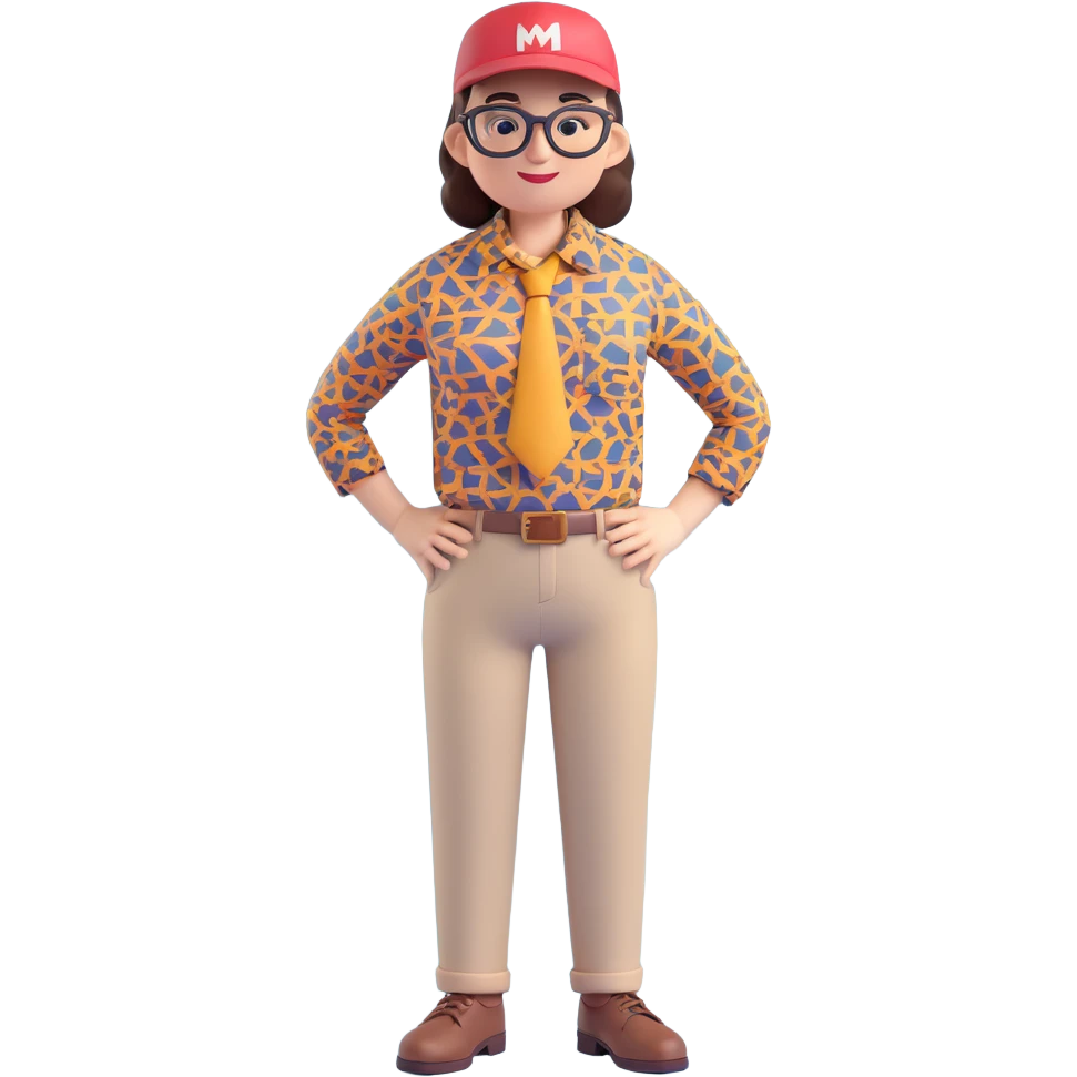 Create a cool 3D cartoon style emoji based on the person in the reference photo, capturing his features, glasses, hat, and stylish patterned shirt and pants. The pose should be confident and friendly. Keep the background transparent. emoji