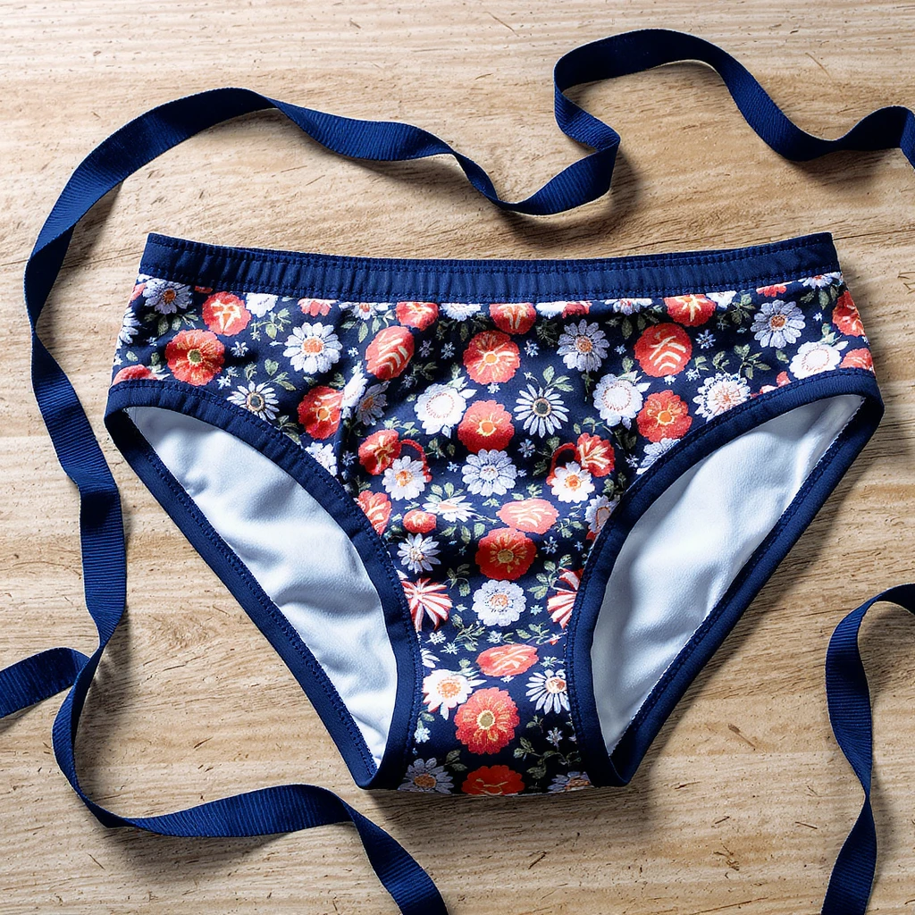 photo-realistic, highly-detailed, brightly lit icon of a men's speedo-style swim brief swimsuit, loosely strewn as if on a table, patterned design emoji
