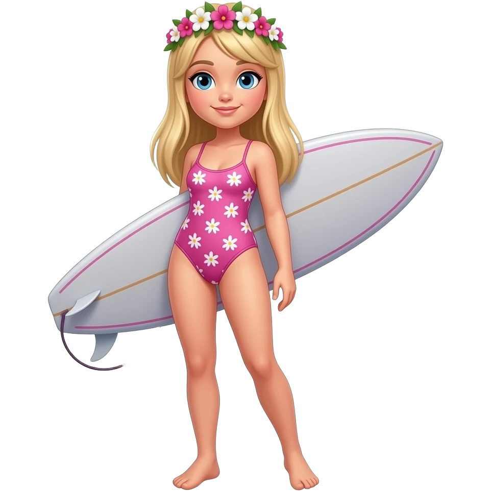 Full body with legs and feet surfer girl with straight blonde hair and blue eyes and a flower crown and a pink printed bathing suit with a flat/small chest emoji