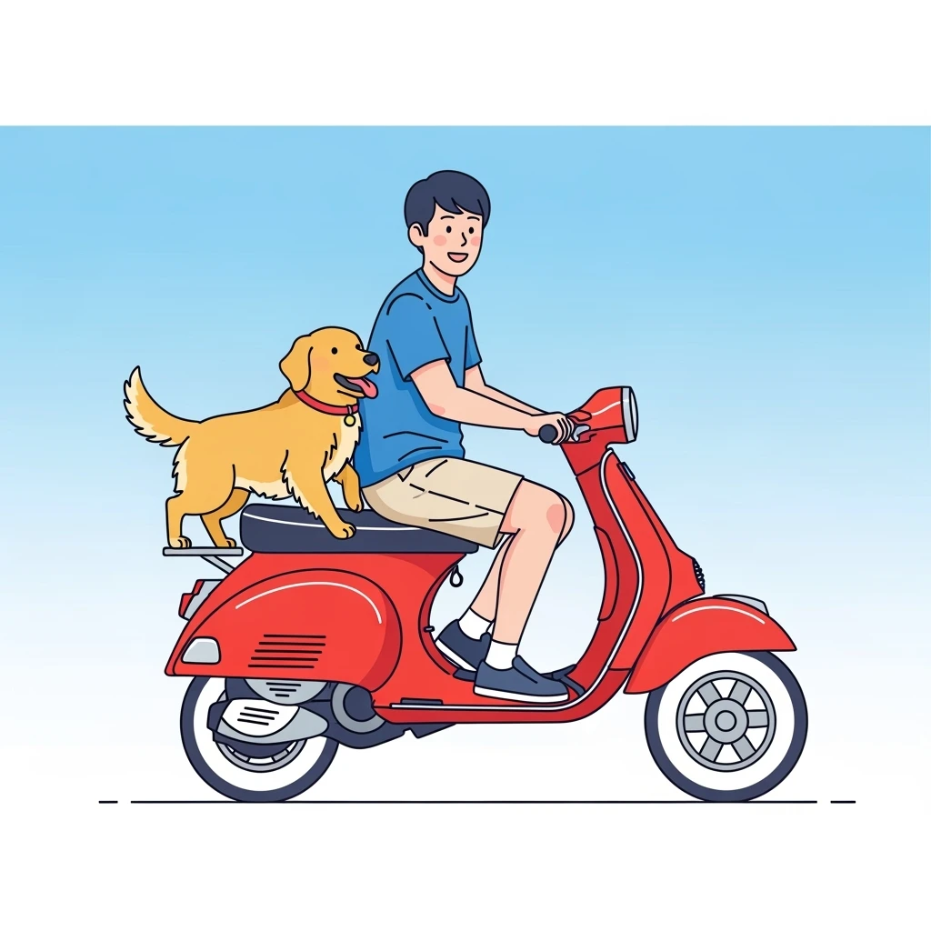 color vector art with thin outline of man and pet dog riding a scooter emoji