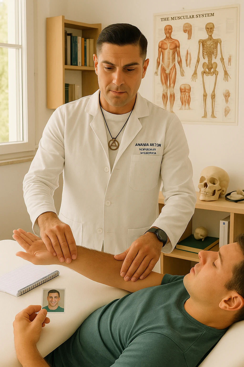 a middle-aged man, dressed in casual professional attire, is in a bright, organized therapy studio. Durante una visita di kinesiologia, il praticante tiene con una mano la foto di una persona lontana (il “testimone”) appoggiata su un tavolo, mentre con l’altra mano esegue un test muscolare su un cliente presente. Sullo sfondo si vedono libri di kinesiologia, poster anatomici e strumenti tipici della disciplina. L’atmosfera è concentrata e serena, con luce naturale che entra dalla finestra, sottolineando l’aspetto alternativo e umano della pratica. emoji