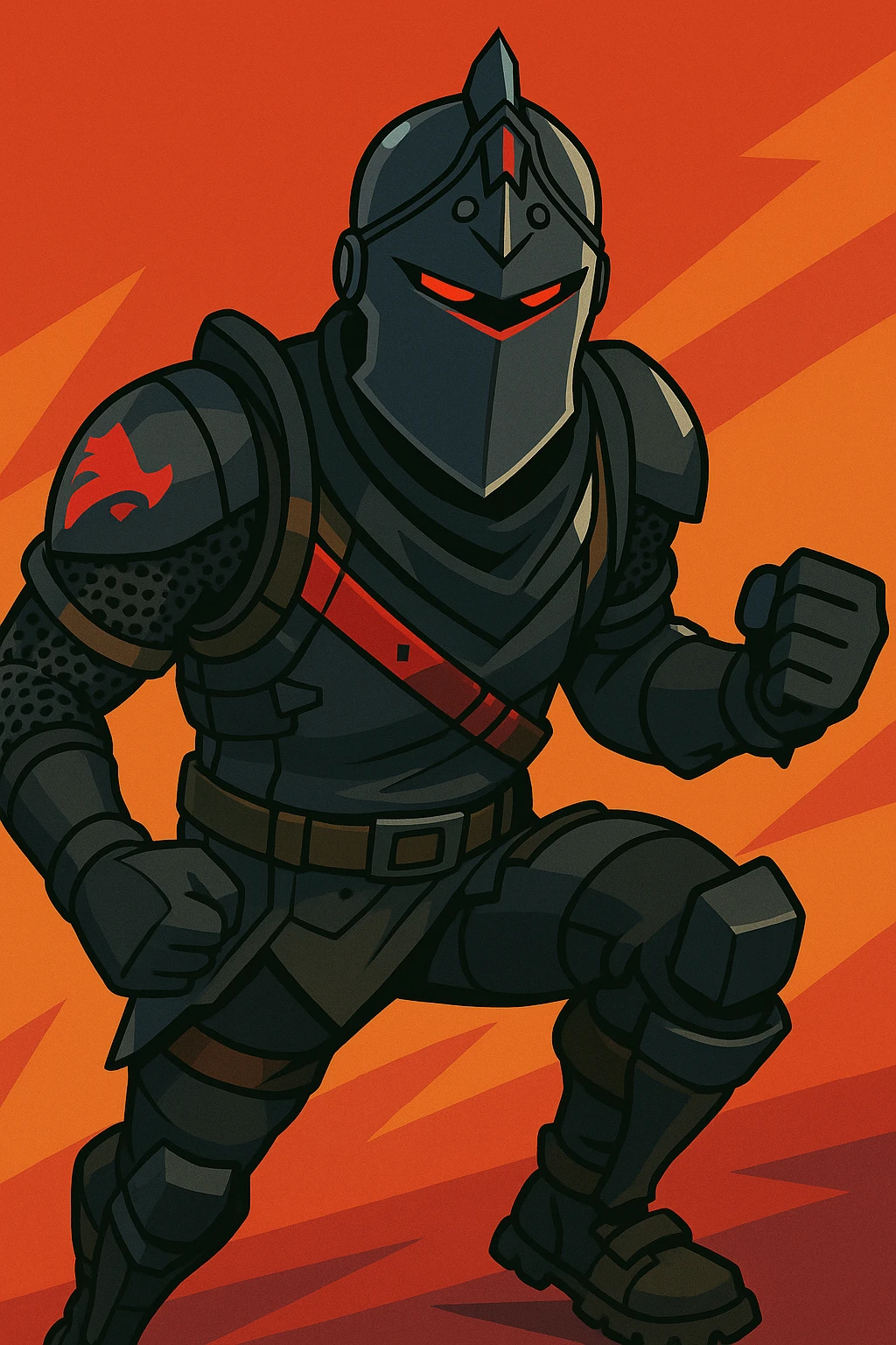 Black Knight from Fortnite, detailed armor, menacing pose, dark color palette, iconic helmet, dynamic action stance, vibrant toon style emoji