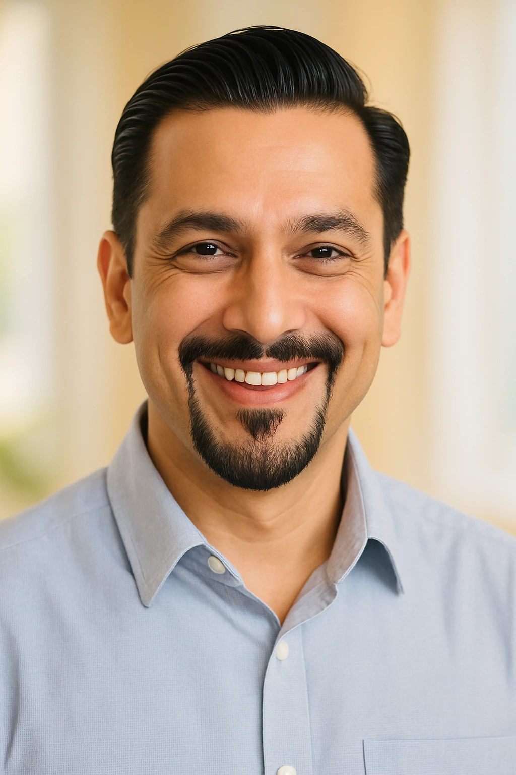 A fair-skinned Indian man, age 40, with a slick Puerto Rican-style French goatee and a charming, trustworthy smile that radiates warmth. emoji
