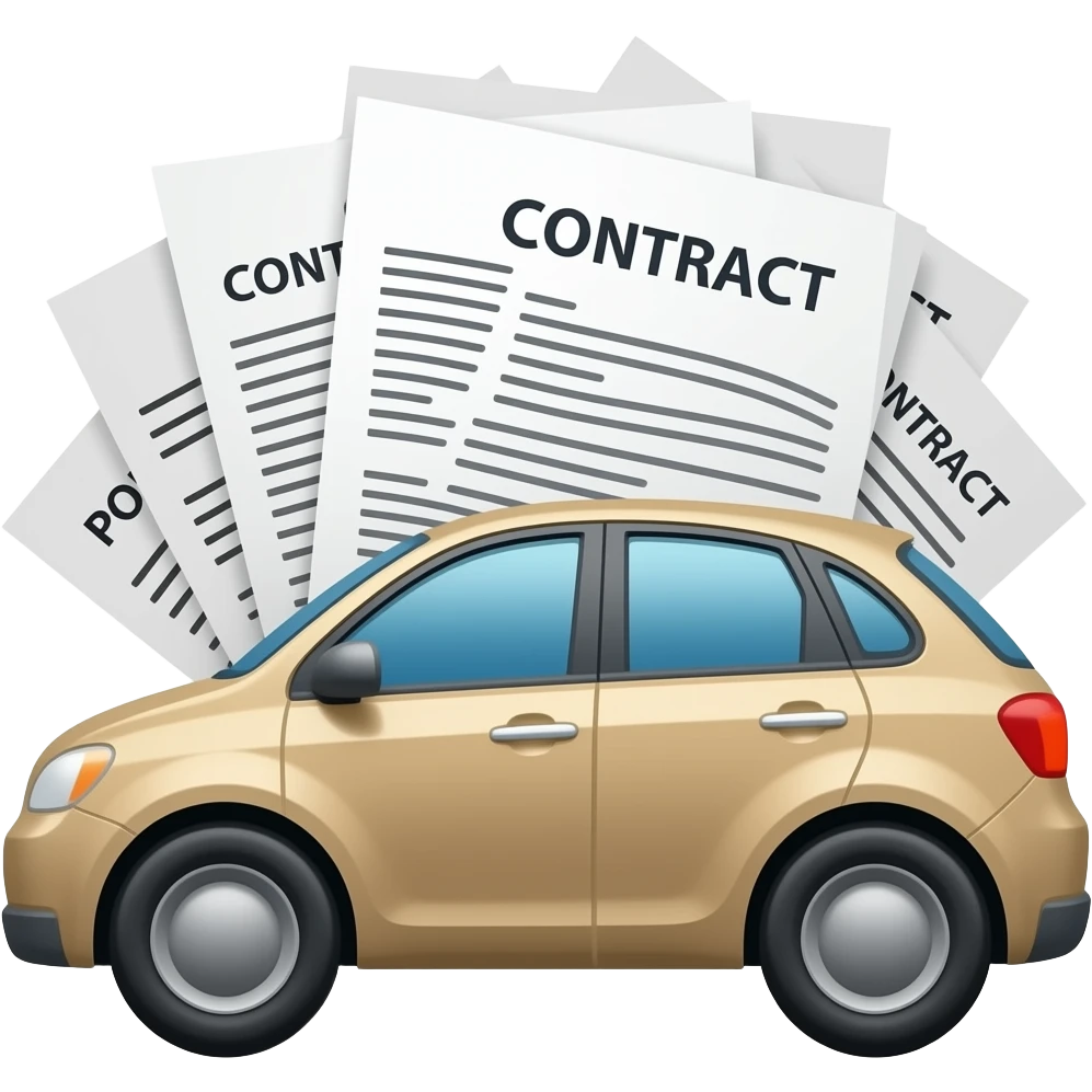 Contract documents are superimposed behind an extremely simplified, flat car. emoji