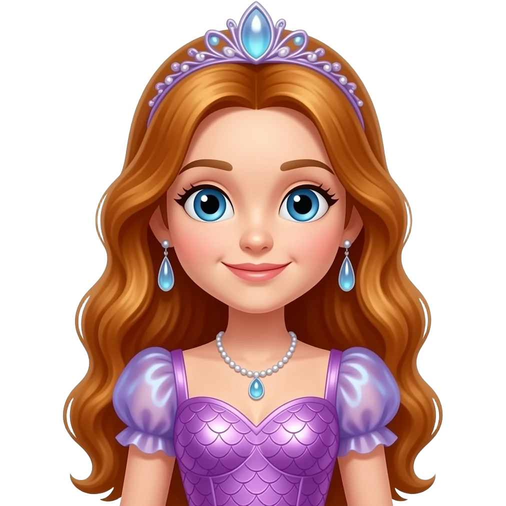 Bubbles the Mermaid from The Wiggles with blue eyes, long reddish blonde hair, lilac mermaid headdress, lavender pink metallic mermaid sleeve dress emoji