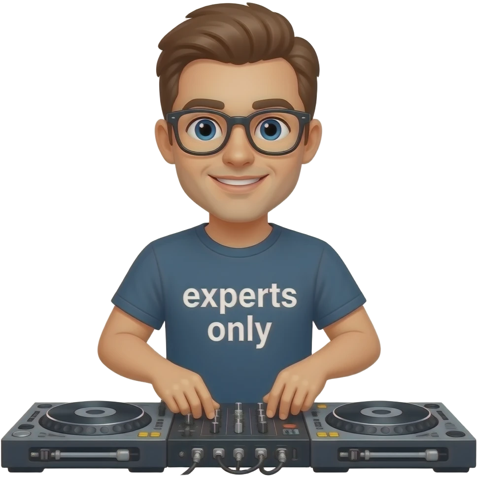 white guy no glasses brown hair djing festival with shirt that says experts only emoji