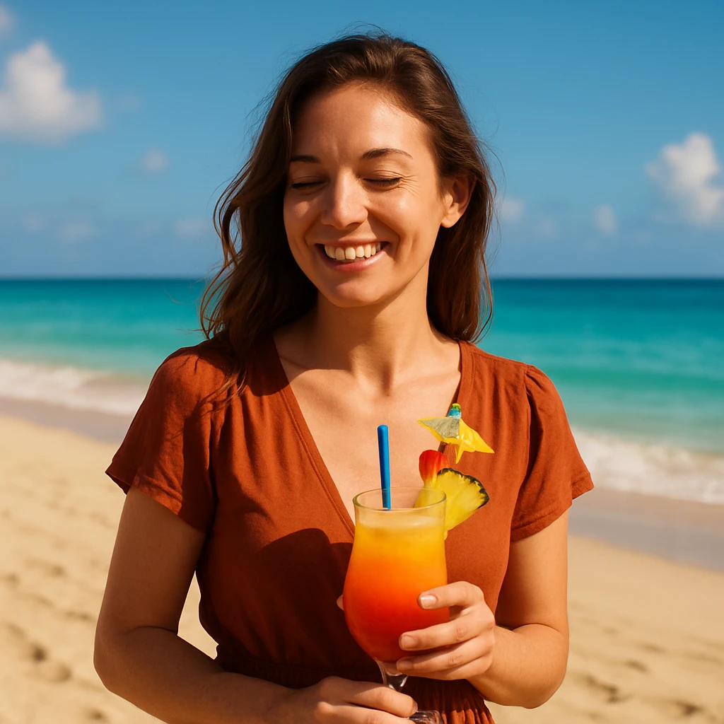 take this picture of a woman and make it  beach photo with drink emoji