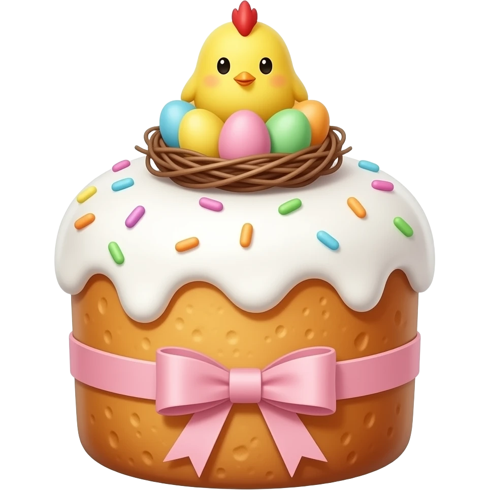 панеттоне коломба золотистого цвета, высокий, с белой глазурью с разноцветной  посыпкой,  с ленточкой вокруг светло розового цвета и украшением сверху в виде гнездышка с очень мелкими  яичками пастельных, желтым пушистым птенчиком с красным гребешком emoji