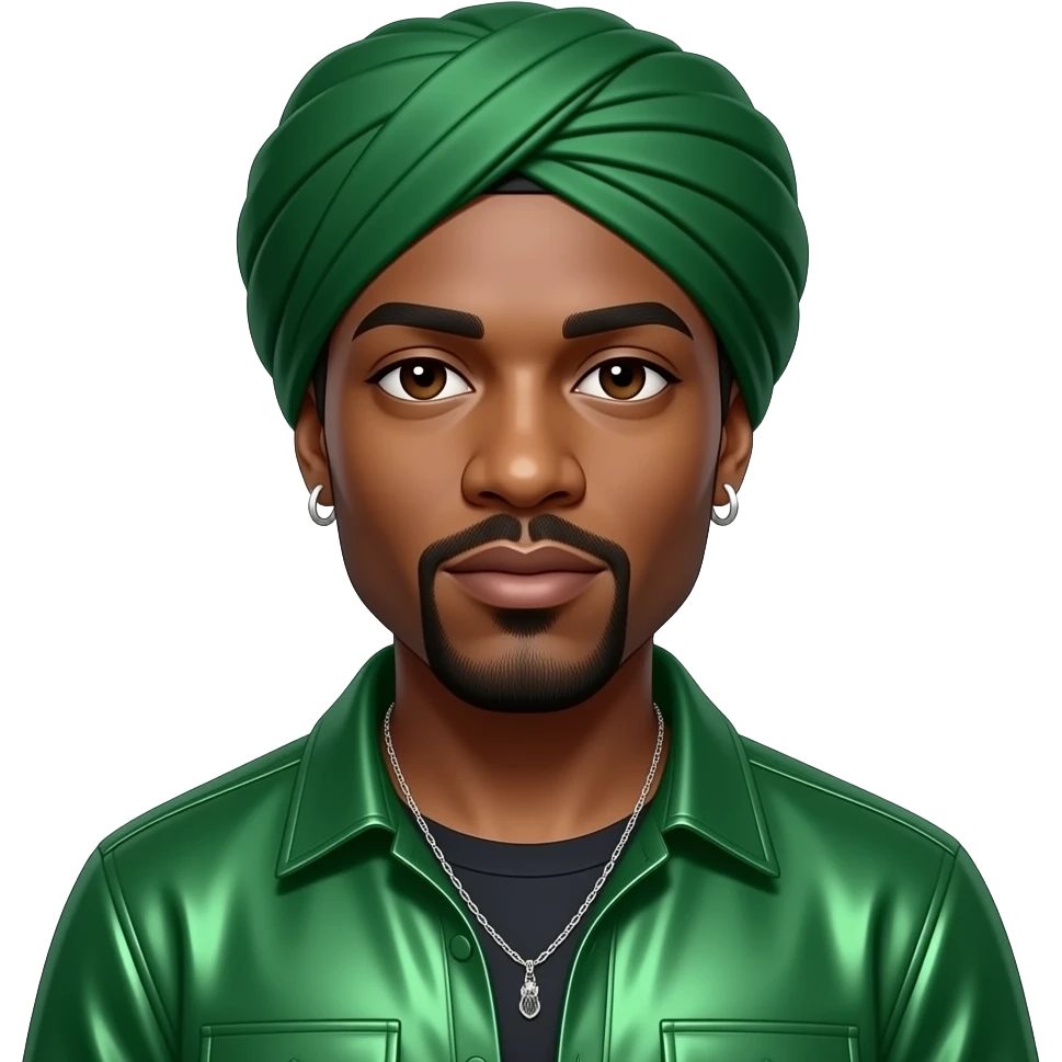 Andre 3000 from Outkast with dark brown eyes, black hair, green turban, green metallic shirt, necklace and earrings emoji